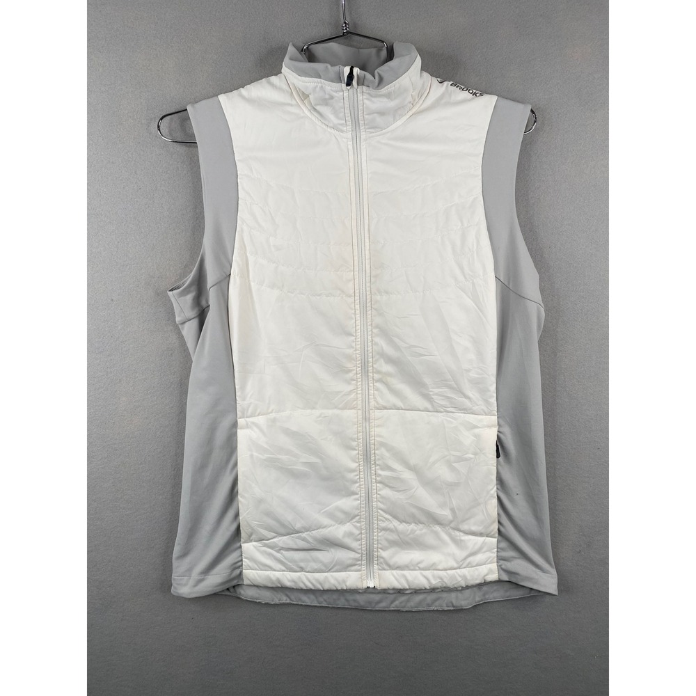 Brooks Run Happy Womens White Grey Quilted Running Vest Large Full Zip Pockets